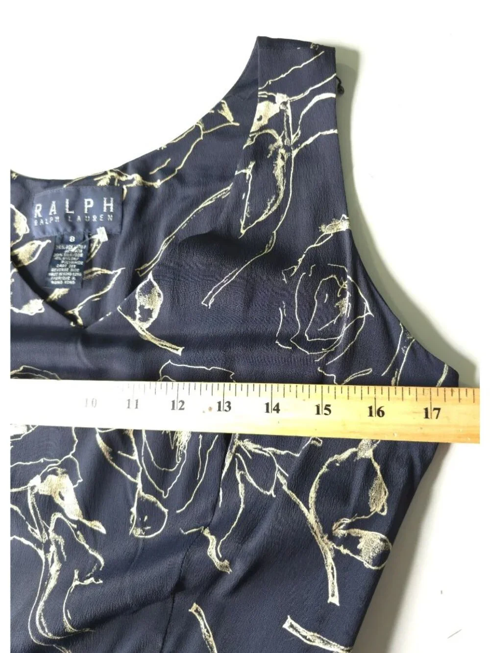Ralph Lauren Navy Floral Sleeveless Dress Size 8 V-Neck 76% Acetate 20% Silk 4% - Picture 4 of 15
